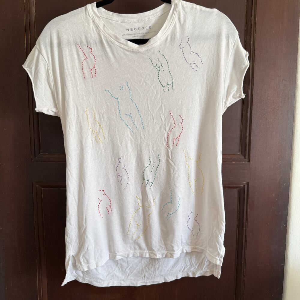 NEOCOCO | White Tee with Multicolored Hand Stitched Female Forms | Small